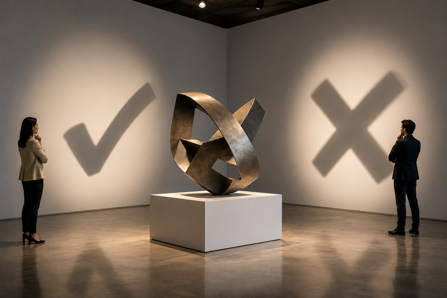 Two people in a museum look at different shadows from the same abstract sculpture, one forming a check mark and the other forming an X.