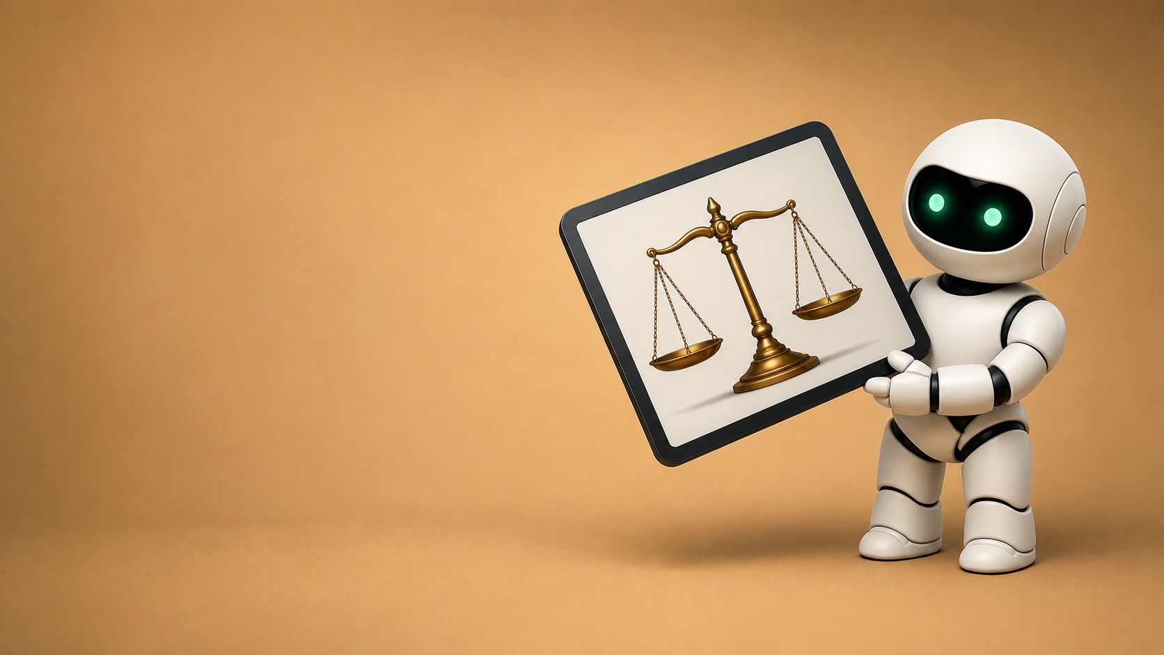 3D robot holding a tilted tablet displaying balanced scales on a clean beige background, symbolizing fair comparison and decision-making