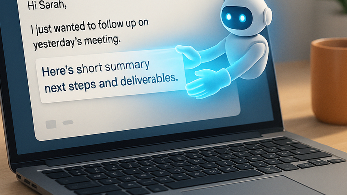 Workspace showing digital tools and email elements, visualising how AI speeds up email drafting and improves clarity.
