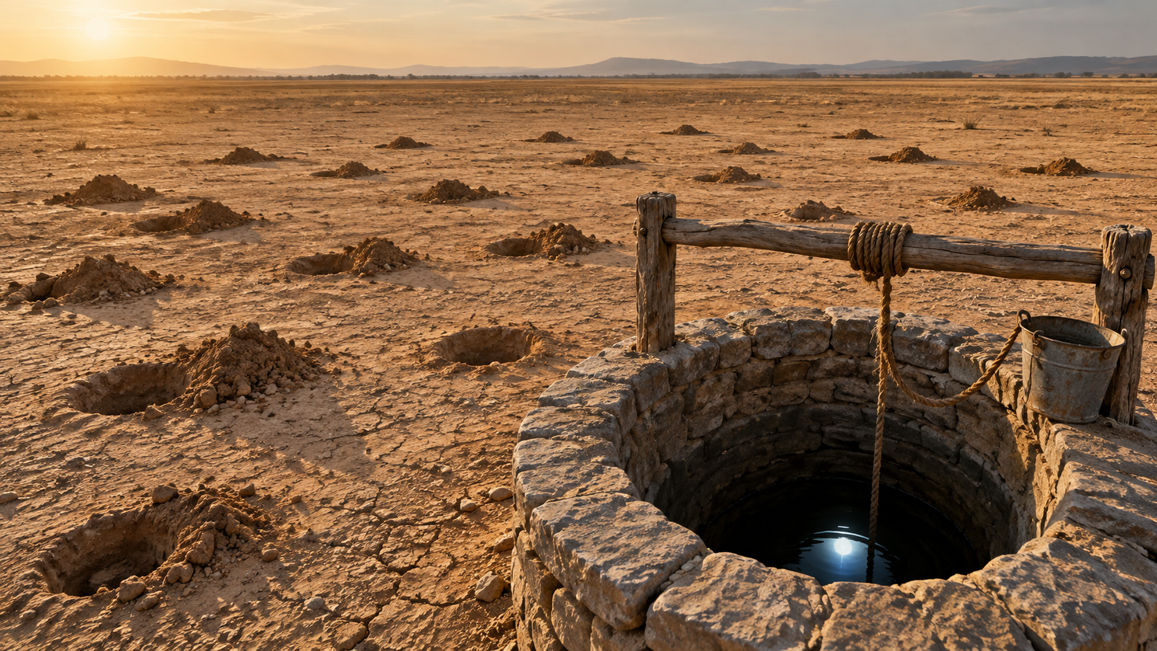 Dry, cracked ground scattered with shallow abandoned holes, with one deep stone well and a bucket in the middle, where water is visible at the bottom of the shaft.