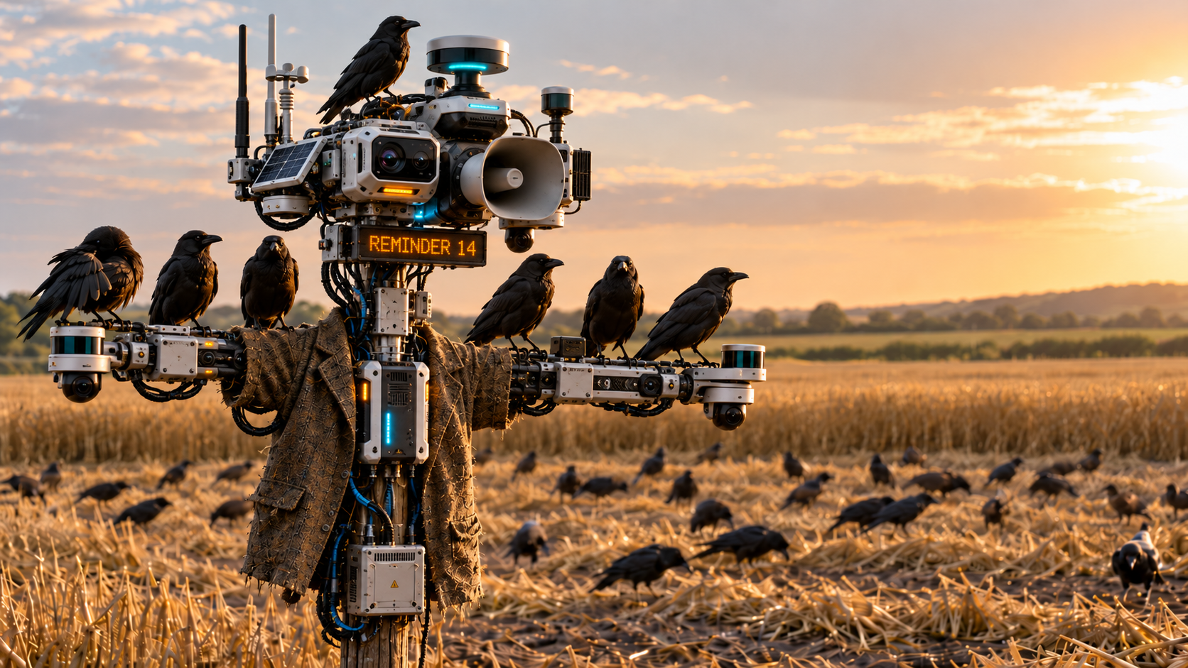 A high-tech scarecrow with a loudspeaker for a head and a display reading "Reminder 14" stands in a wheat field while crows sit calmly along its arms and others strip the field behind it.