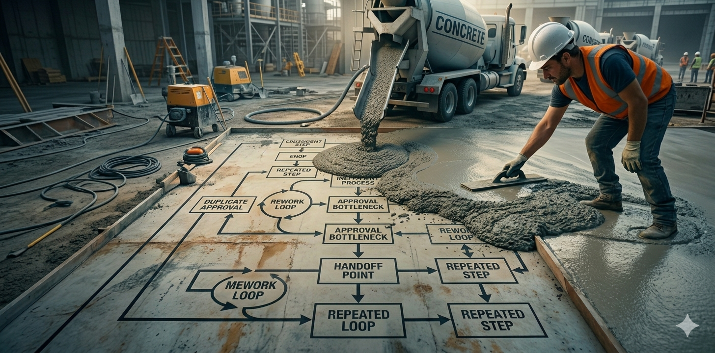 A concrete mixer truck labelled “CONCRETE” pours wet concrete over a large, messy workflow diagram filled with arrows, loops, approvals, and duplicated steps, symbolising how hiring or automation can make a bad process permanent.