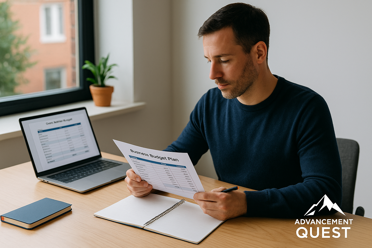 Founder reviewing a clear one-page business budget plan at a daylight workspace; calm, focused, photo-real; Advancement Quest logo bottom-right.