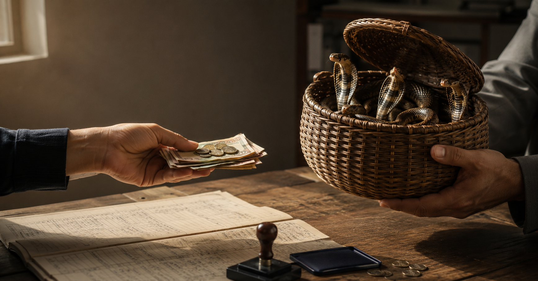 Alt text:  A close-up of hands exchanging money for a basket of cobras across a desk, illustrating the parable of an incentive scheme that backfires