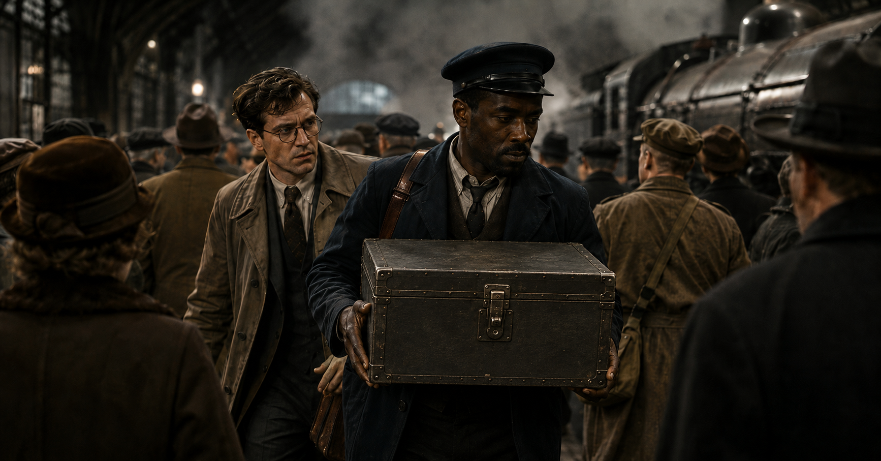 A worried scientist follows a porter carrying a large metal box through a smoky 1940s train station crowd.
