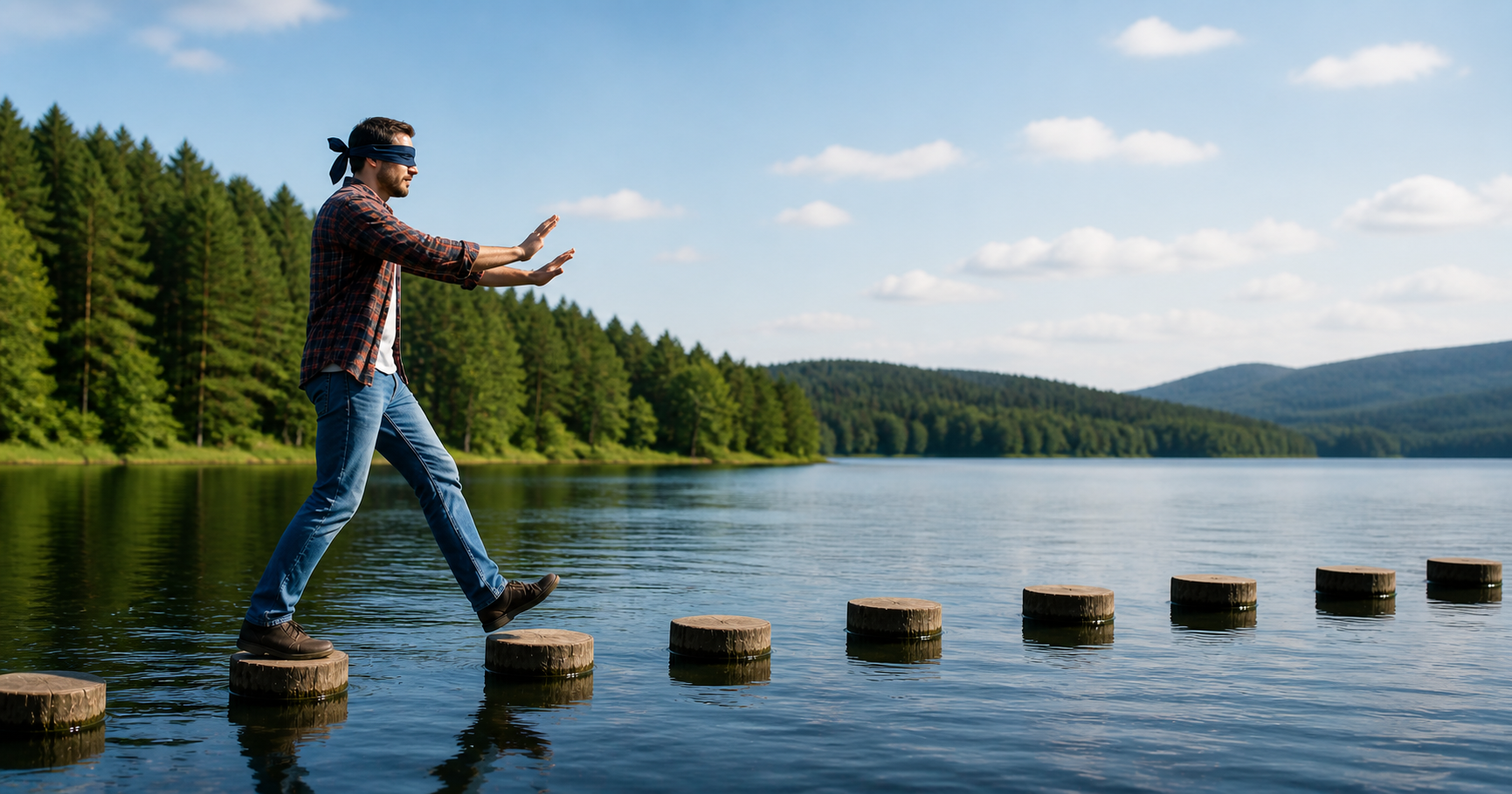 Man blindfolded stepping across wooden posts over a lake, arms extended for balance, symbolising moving forward without certainty