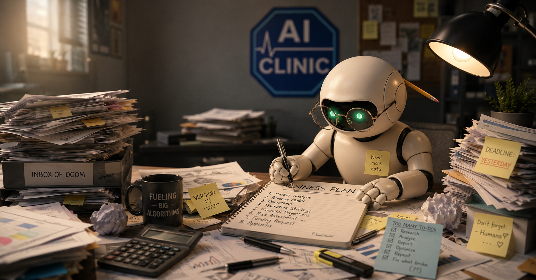 An illustration of a robot wearing glasses, hunched over a cluttered desk piled with paper and documents, writing a business plan
