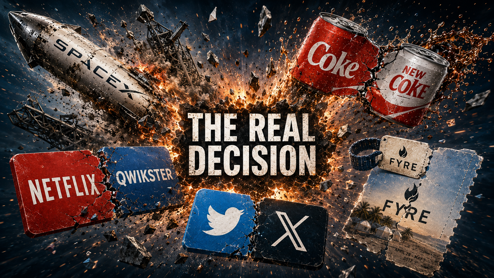 Explosion-style illustration showing SpaceX, New Coke, Fyre Festival, Netflix/Qwikster, and Twitter/X around the phrase “The Real Decision,” representing decisions that were broader than they first appeared.