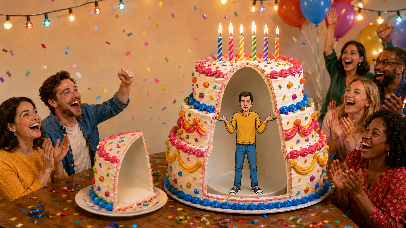 A giant celebration cake cut open to reveal it's hollow inside, with a tiny confused figure shrugging on the empty plate, illustrating a plan that looks finished but isn't ready