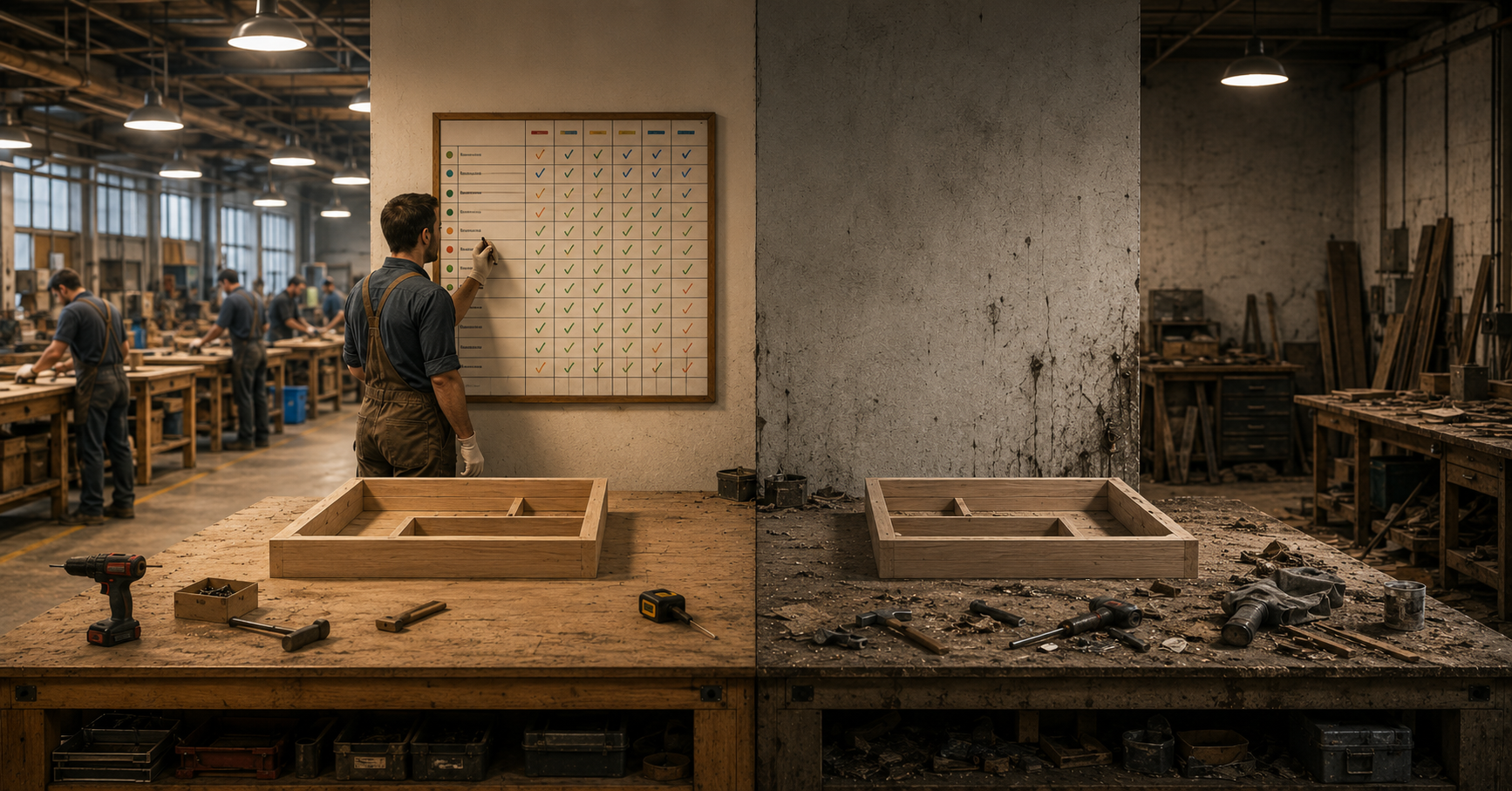 Split image of one workbench: on one side, a worker steps back from unfinished work to actively update a production schedule; on the other, the same unfinished work sits untouched with no one directing it.