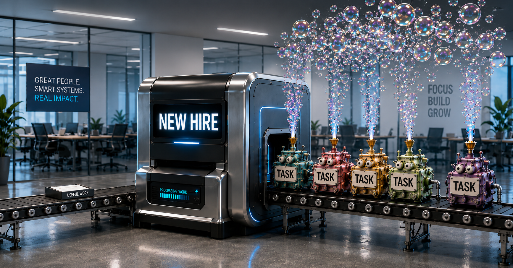 A sleek machine labelled “NEW HIRE” creates smaller machines labelled “TASK,” which blow bright empty bubbles forming a bursting cloud of low-value activity.