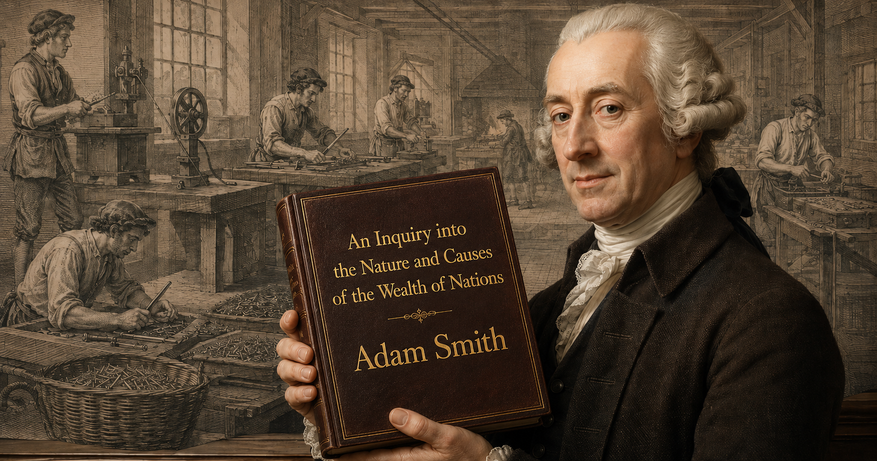 A collage-style still life: an 18th-century engraving of a pin factory workshop in the background, a closed leather-bound edition of Adam Smith's "The Wealth of Nations" in the foreground, held by a photorealistic three-quarter portrait of Adam Smith styled after his historical medallion likeness.