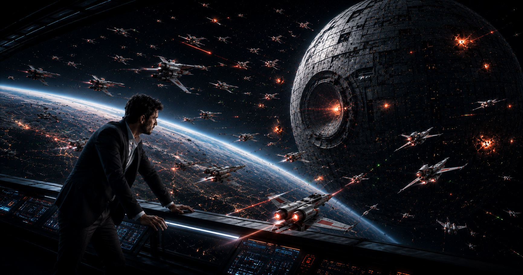 Business owner on a futuristic command deck watches a high-stakes space battle between a massive spherical battle station and a smaller fleet of fast white-and-red fighter ships, symbolizing the risks of growth versus profitability.