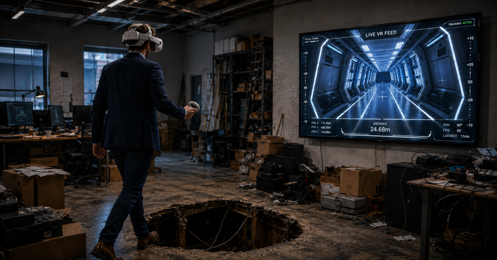 Business owner wearing a VR headset walks toward a hole in a messy office floor while a screen shows the clean corridor he thinks he is seeing.