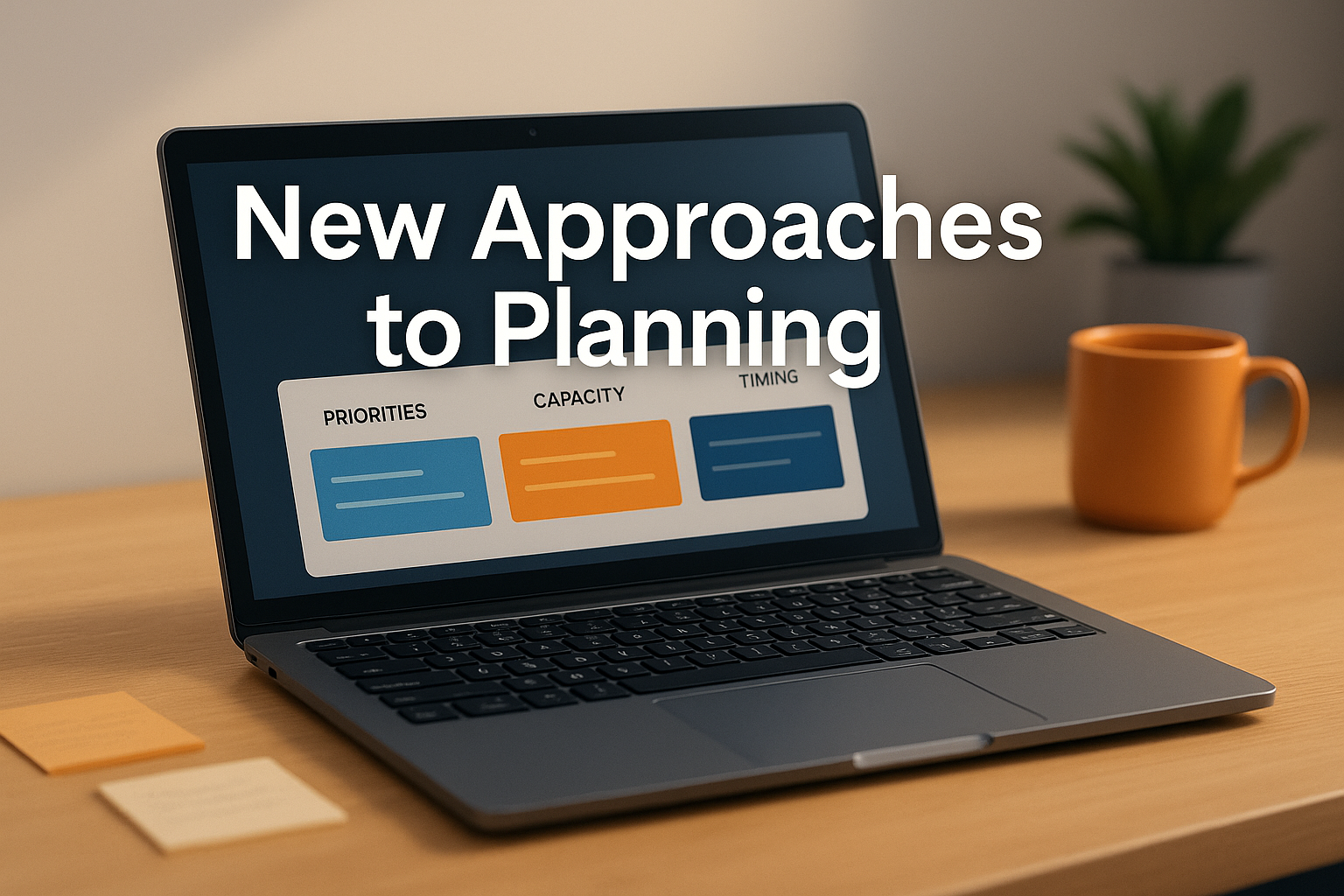 Laptop on a desk showing a planning dashboard labelled priorities, capacity, and timing, with the text “Planning is Changing” and the Advancement Quest logo.