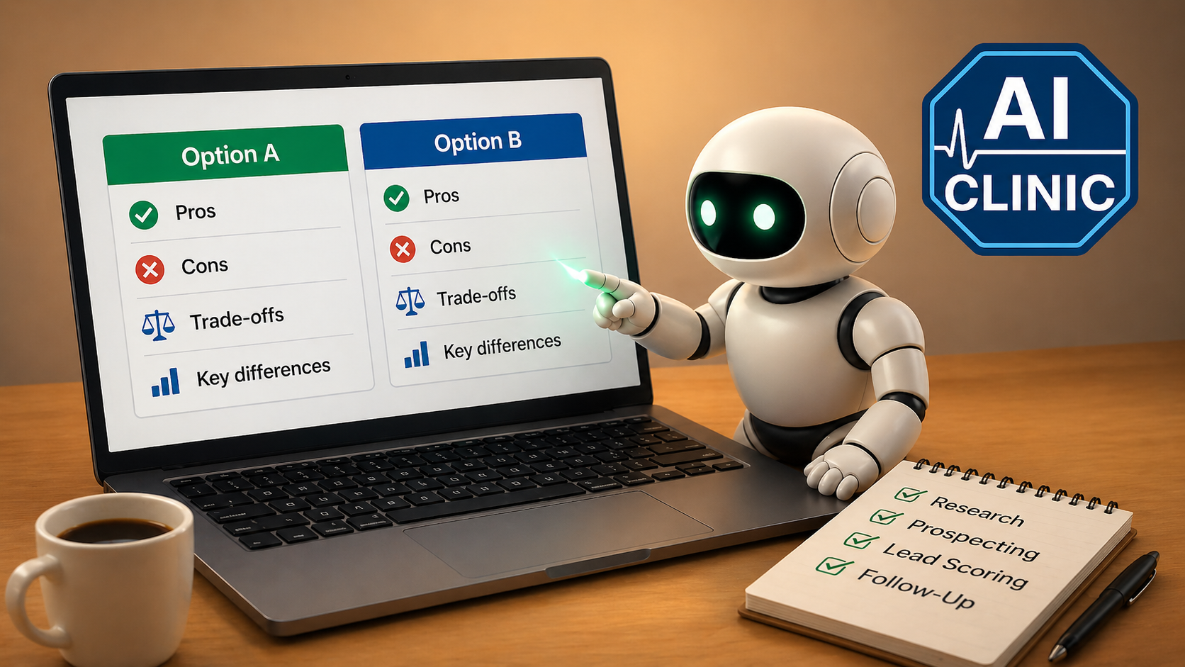 Robot comparing two options on laptop screen with pros cons and trade-offs displayed