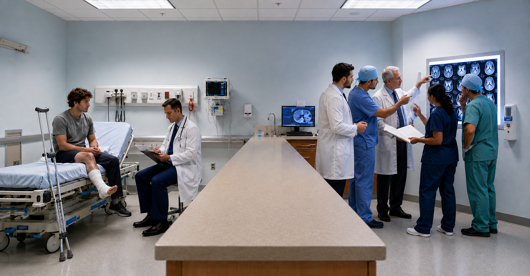 Split hospital scene across a central table: one doctor calmly treating a minor ankle injury alone on one side, a team of five gathered around a scan discussing a complex case on the other.
