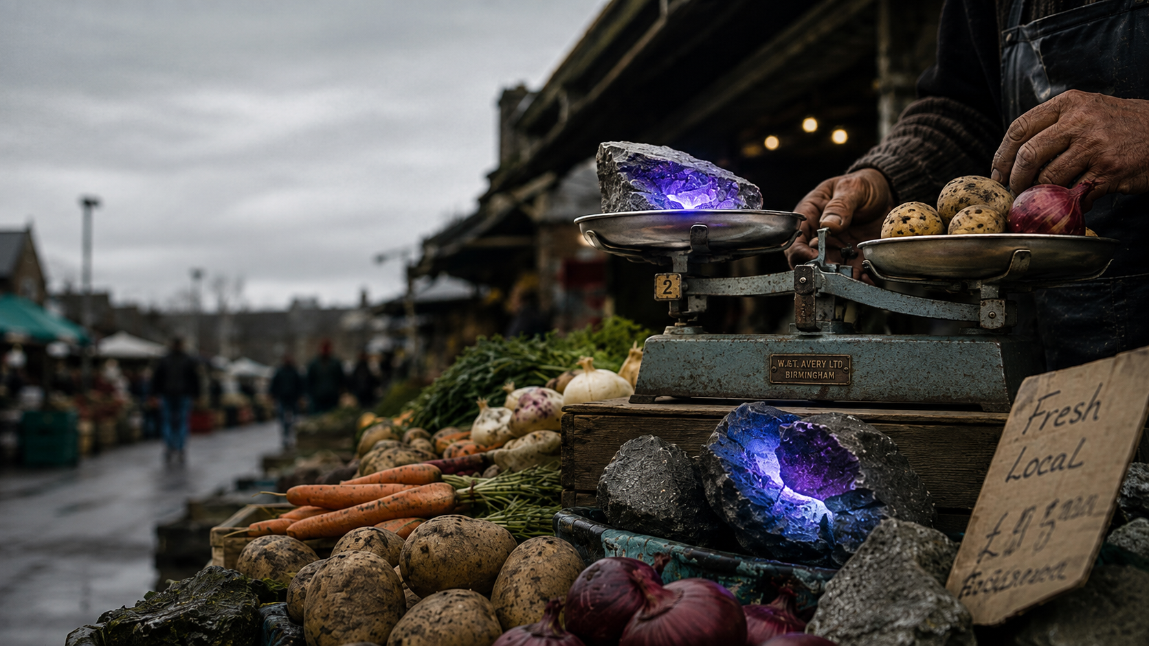 A market stall with a rock that has cracked open to reveal a faint otherworldly glow from inside, illustrating a meteorite unknowingly sold as ordinary stone