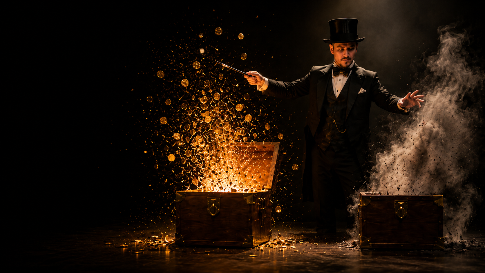 A stage magician performing the same trick on two identical trunks, one bursting with gold coins and light, the other producing only dust and dead petals, illustrating how the same pricing decision can produce opposite outcomes