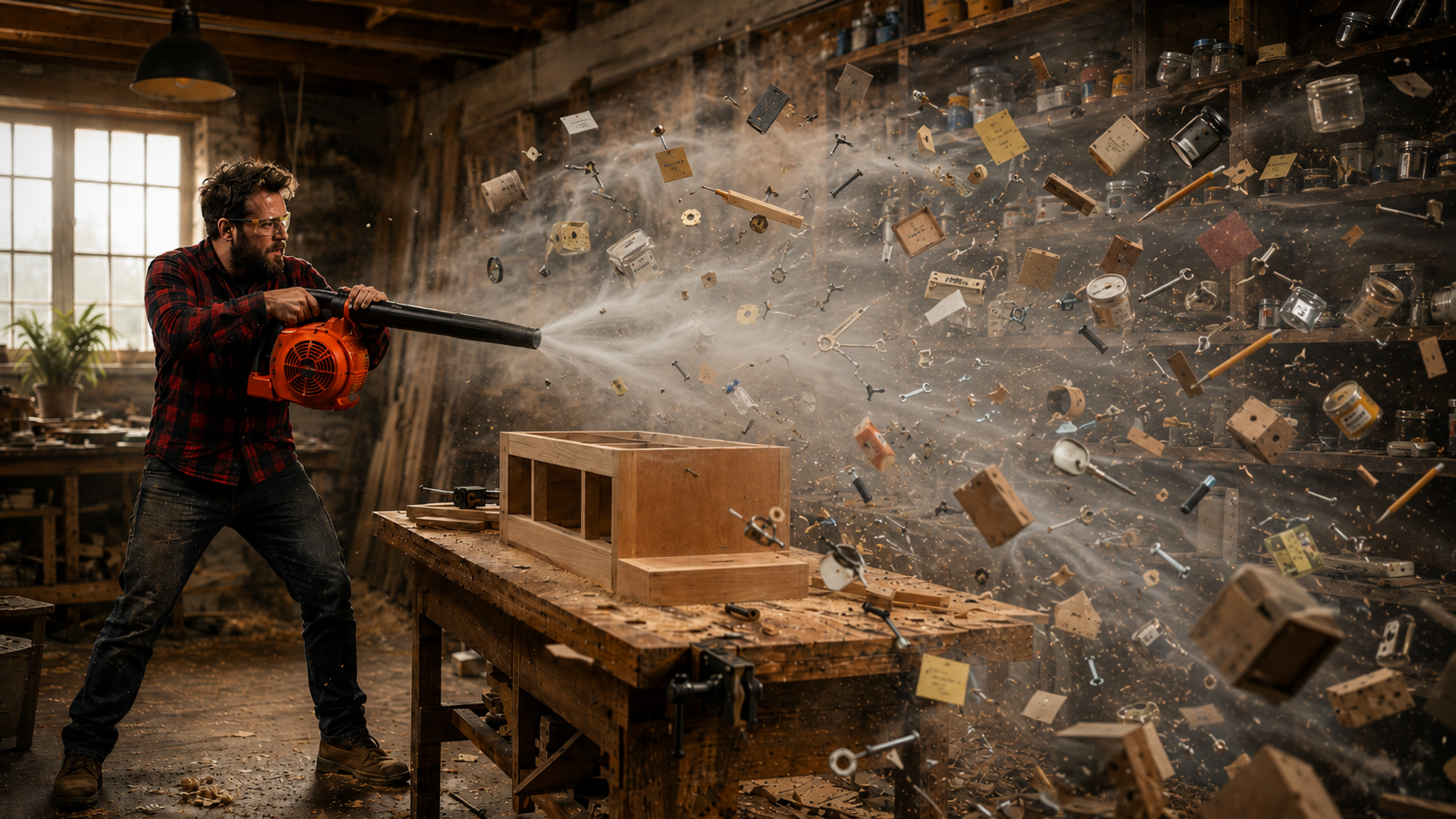 A man in a workshop uses a leaf blower indoors, sending tools, screws, papers, and wood scraps flying through a dusty cloud - representing incorrect use of cash in decisioj to reinvest ot preserve,.