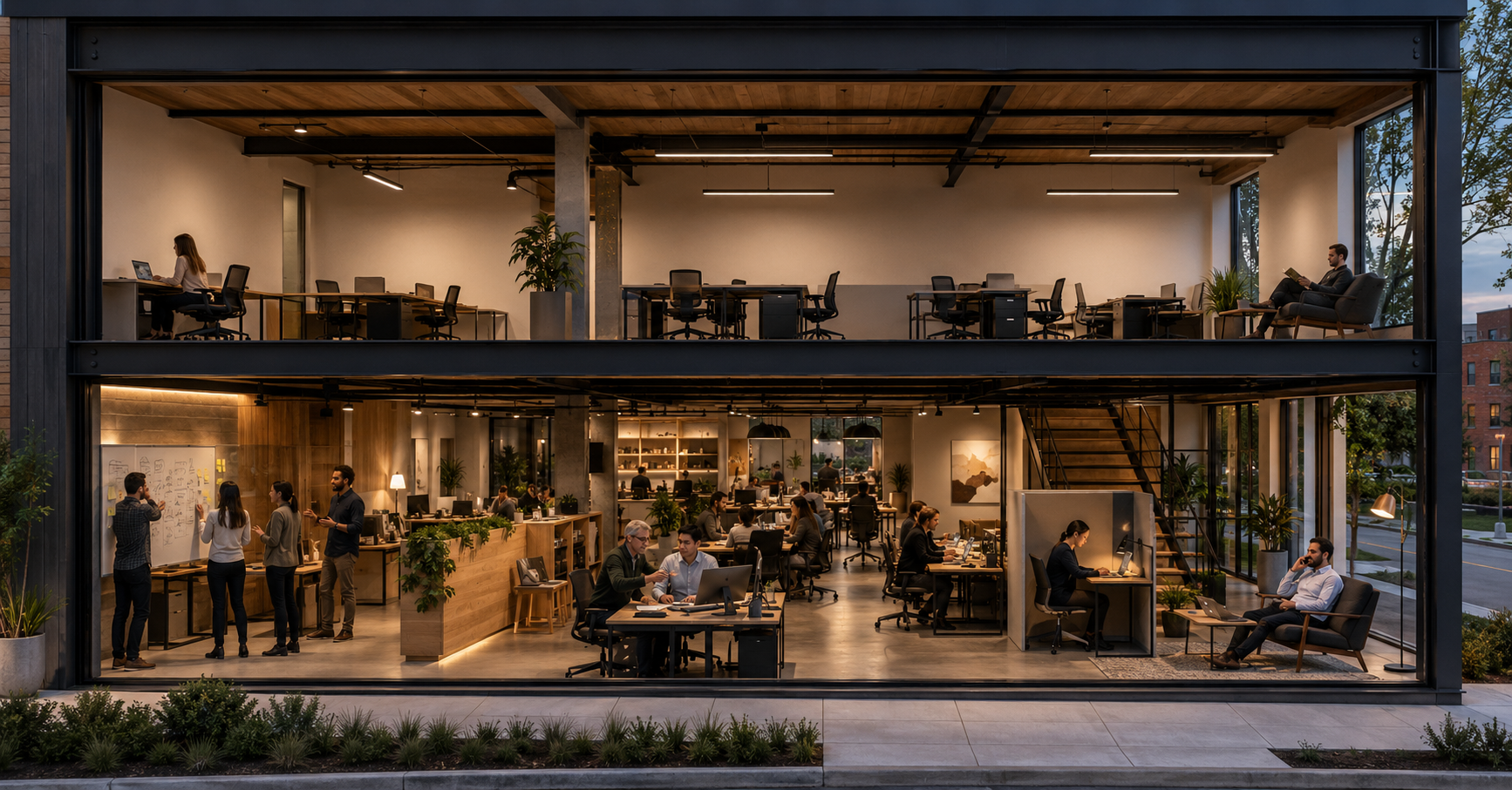 An architectural cutaway of an office building showing two floors - the lower floor densely layered with distinct activities including a group collaborating at a whiteboard, a mentor and new hire working together, and someone in focused solo work, while the upper floor sits mostly empty with just two people present.