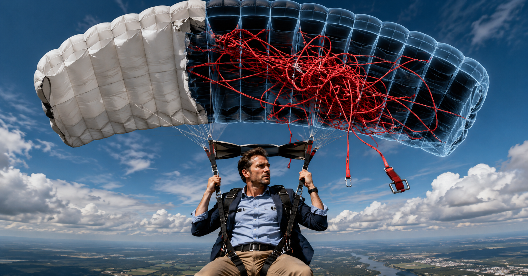 Realistic image of a smart-casual business owner skydiving with an open parachute, shown with an X-ray cutaway revealing a serious hidden fault inside.