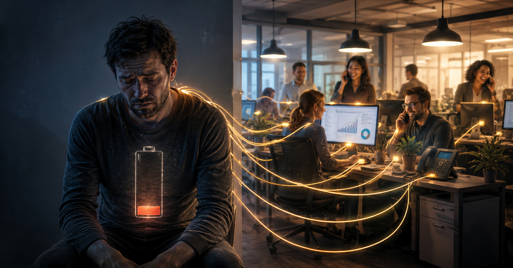 A drained founder with a low-battery symbol on their chest powers a bright, thriving office through glowing energy lines, illustrating the tension between taking profit and continually reinvesting everything back into the business.