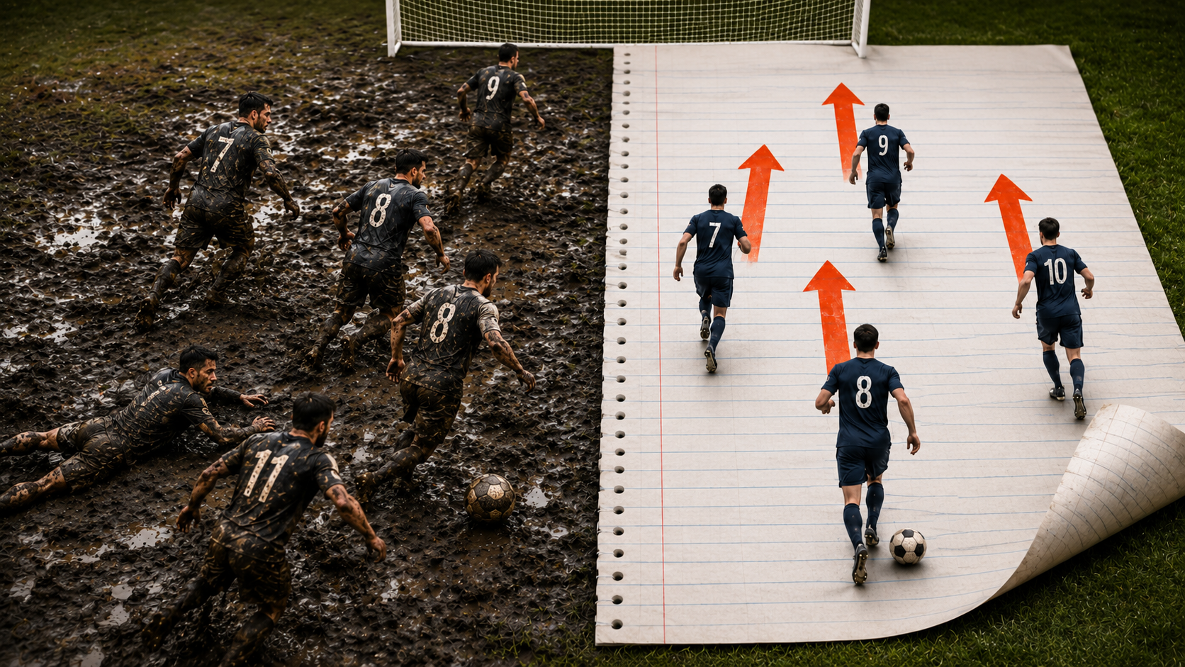 Football pitch split between a clean paper tactics plan and a muddy grass field, showing players succeeding on paper but struggling in real conditions.