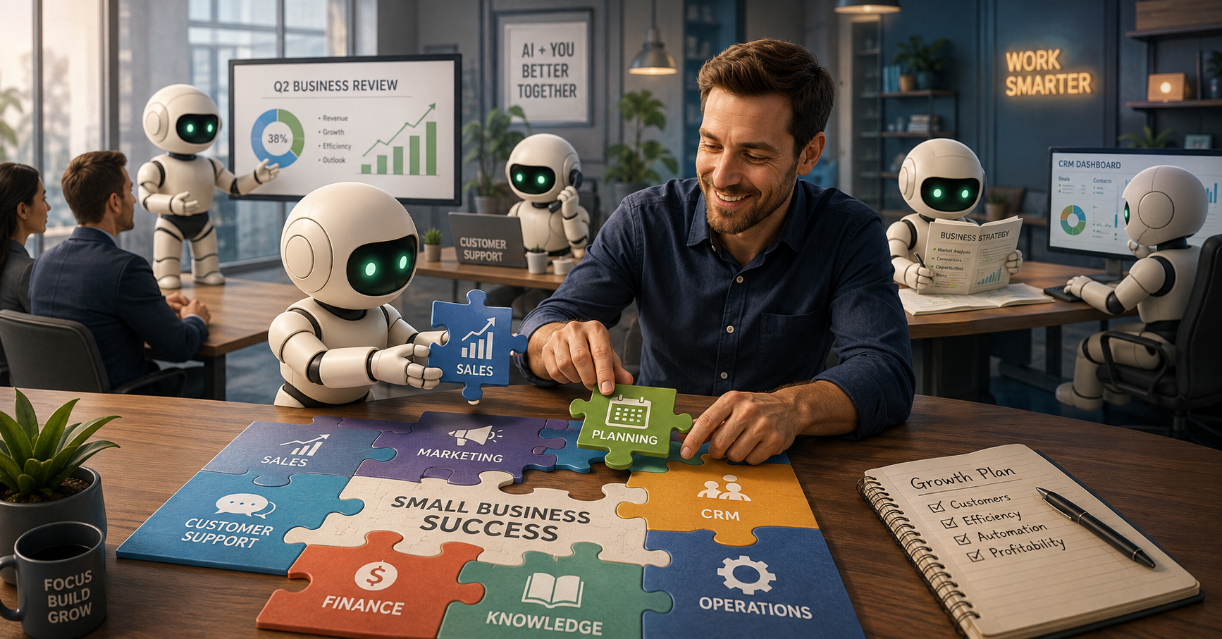 Small humanoid robot hands labelled puzzle pieces to a human assembling a business puzzle with sections for sales, marketing, support, planning, CRM, knowledge, finance, and operations, while other robots perform office tasks in the background.