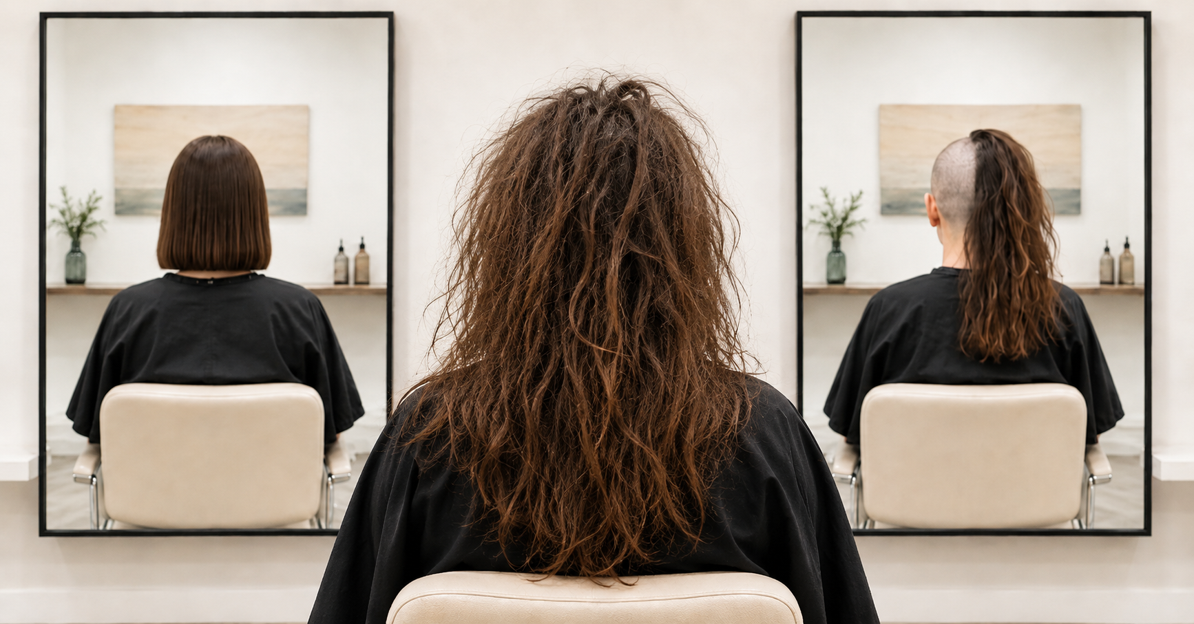 Person seen from behind in a salon chair with long, very messy hair, while two mirrors show sharply different outcomes: on the left, a neat shoulder-length haircut they likely intended, and on the right, a failed half-shaved cut with one side left long — illustrating the gap between what you expect before committing and what can happen if you have not considered the risks first.