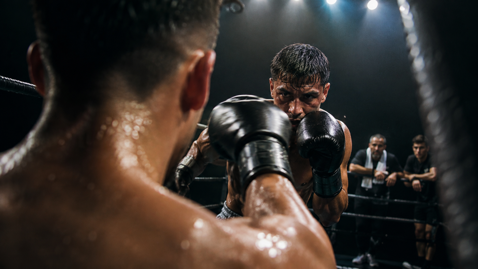 A boxer's tight point-of-view shot from inside the ring, gloves and ropes in sharp focus, with the corner team standing distant and blurred outside the ropes, watching from a vantage the fighter can't see.