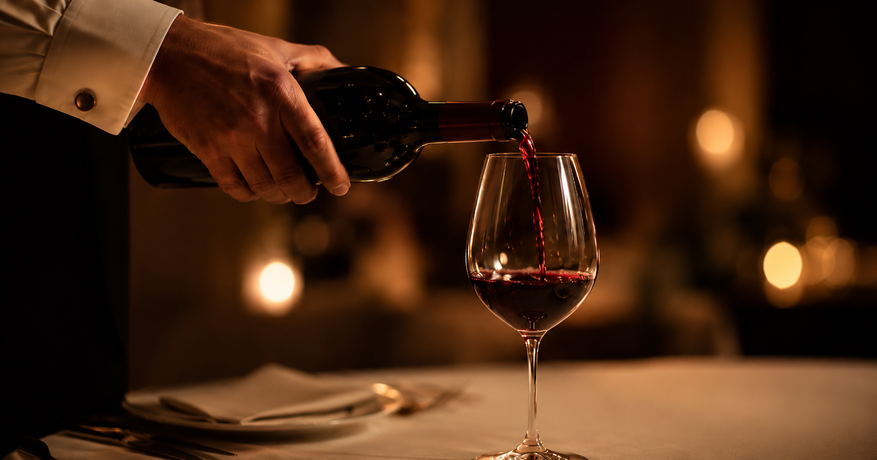 A sommelier's hand pours red wine into an elegant glass at a candlelit table, shot in warm, luxury wine-advertisement style with a softly blurred background.