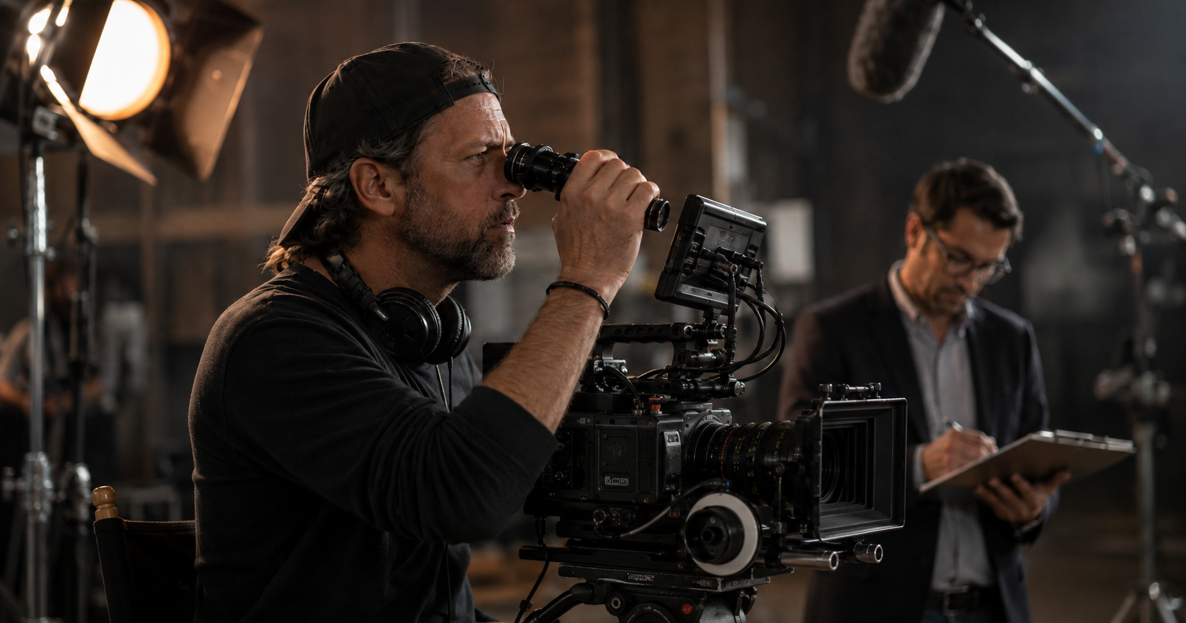 A director on a film set holds a viewfinder to one eye in sharp focus, fully absorbed in the shot, while a producer stands softly out of focus in the background marking up a schedule, illustrating the split between vision-setting and operating a business.