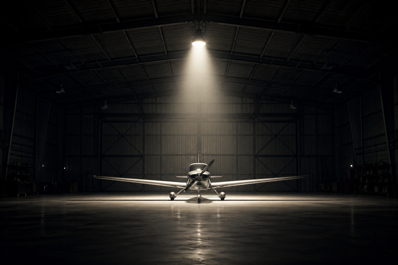 airplane in dark hangar with light revealing what was not visible before decision