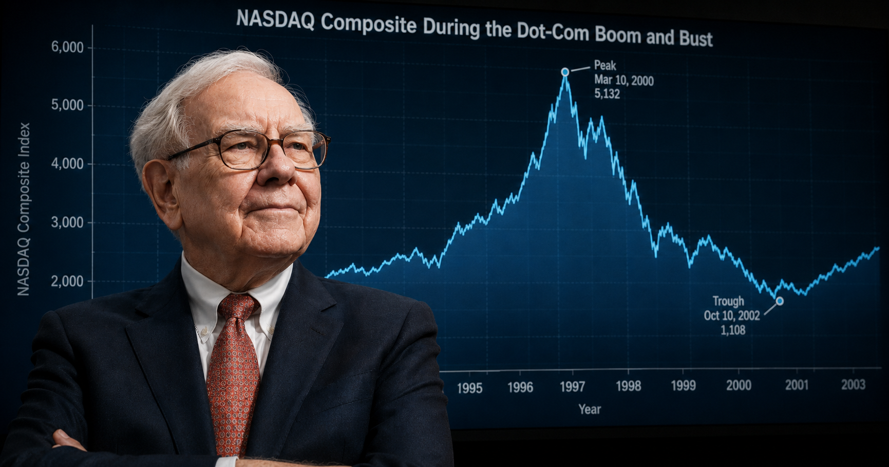 Warren Buffett-style investor portrait in front of a NASDAQ Composite dot-com boom and bust chart, illustrating the question: “Am I being too cautious by focusing on profit instead of expansion?”
