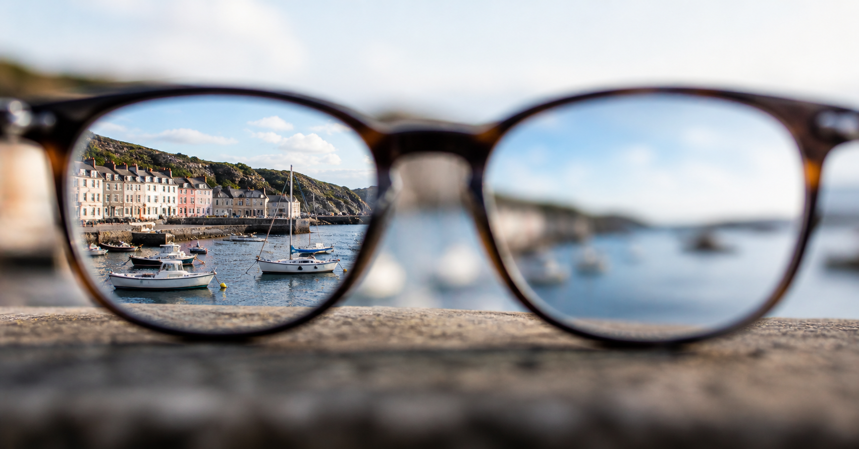 Eyeglasses showing a harbor view with one lens sharp and clear and the other blurred, illustrating uncertainty in interpreting the same situation