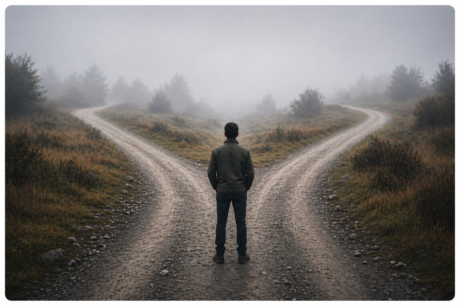person standing at foggy crossroads unable to choose between two paths