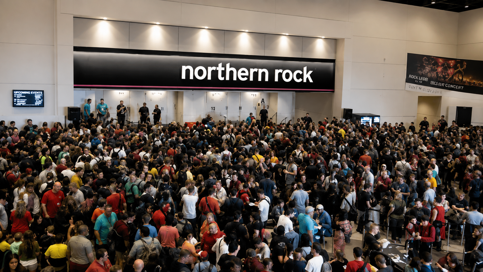 Crowds of customers queue outside a Northern Rock bank branch in September 2007, the bank's signage visible above the line, during the UK's first bank run in over a century.