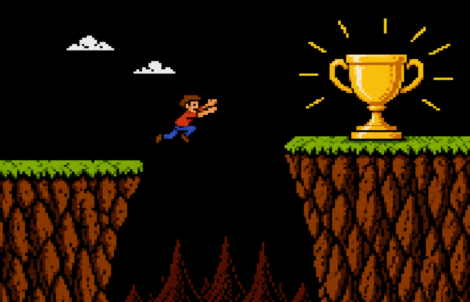 Retro pixel-art game character mid-jump between cliffs reaching for a large glowing prize, with a deep gap below showing risk versus reward and uncertain outcome