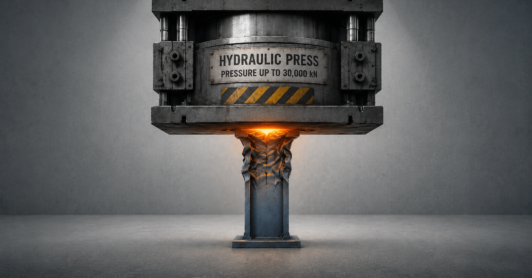 A single steel column standing alone under a descending hydraulic press, illustrating a business decision being deliberately tested under pressure