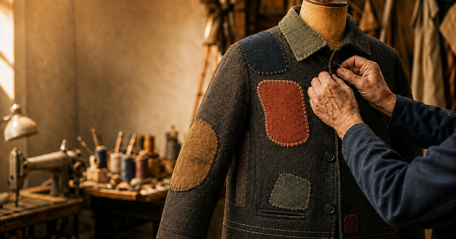 An old, well-loved coat covered in mismatched patches and repairs on a tailor's mannequin, with weathered hands buttoning it up with quiet care, illustrating a long-standing client price that's been adjusted rather than reconsidered