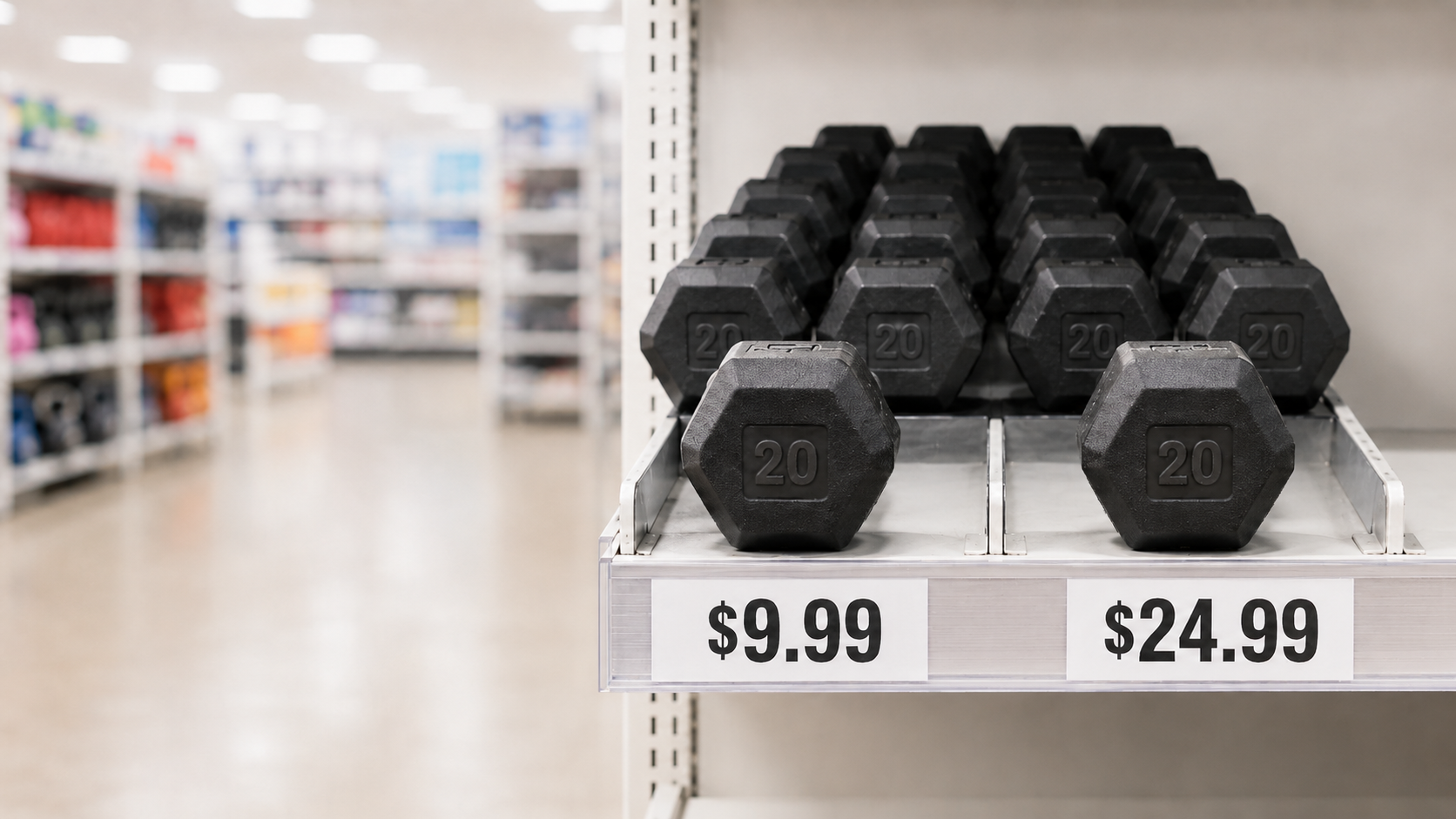 Two identical products on a store shelf, side by side, with clearly visible price tags showing different prices for the same item