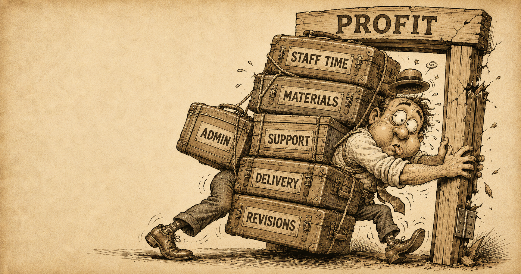 An editorial cartoon of a comically overloaded figure buried under labeled suitcases for staff time, materials, admin, and support, jammed sideways in a doorway marked "profit"