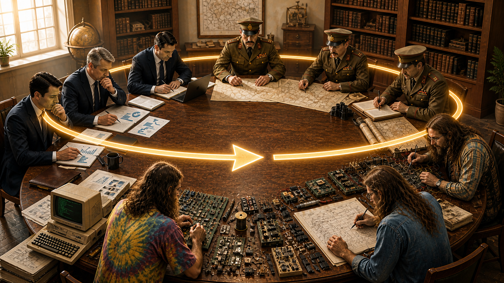Mixed groups of business leaders, military officers, and engineers around a round table with a glowing circular arrow symbolizing a continuous analysis cycle