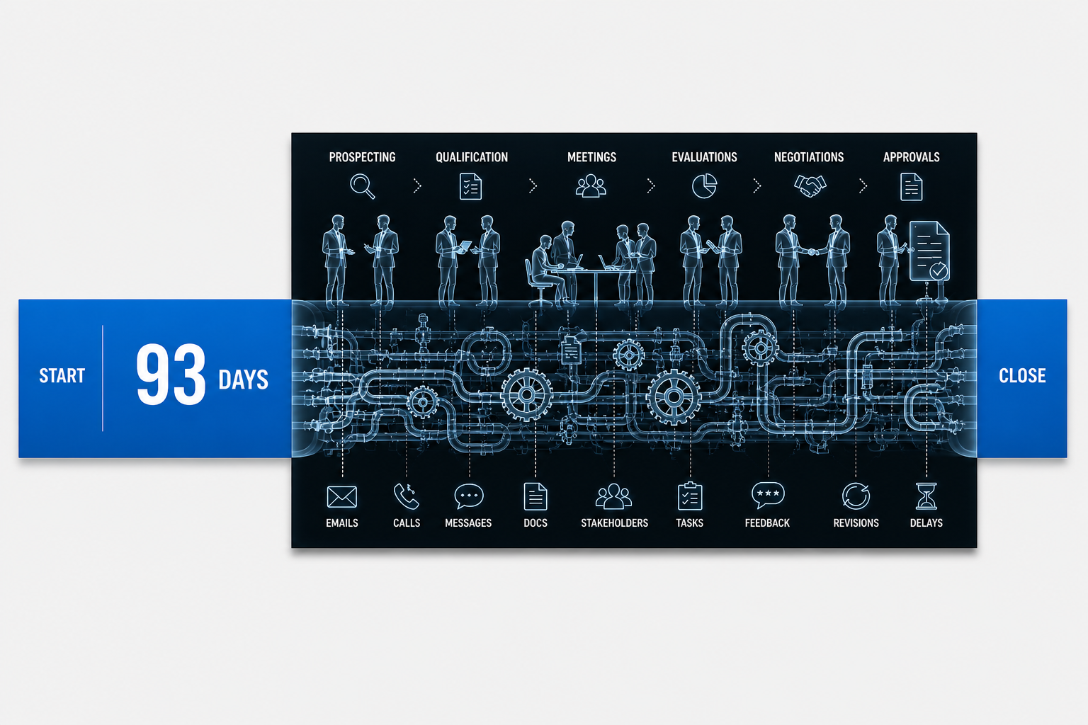 Horizontal blue timeline bar labeled “93 days” from start to close, with a central X-ray section revealing complex underlying sales activities—people, processes, and interconnected systems—hidden beneath the simple duration.