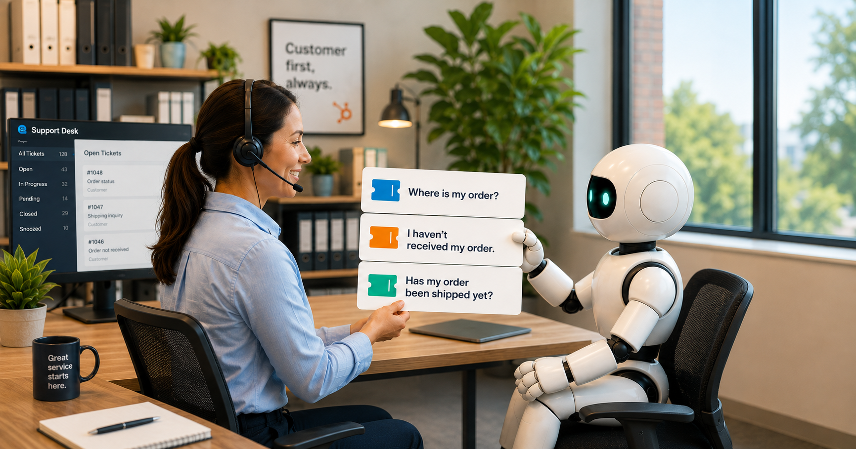 A support agent and AI robot review three similar order-status tickets together, illustrating the decision between hiring more support staff or automating repetitive customer service requests.
