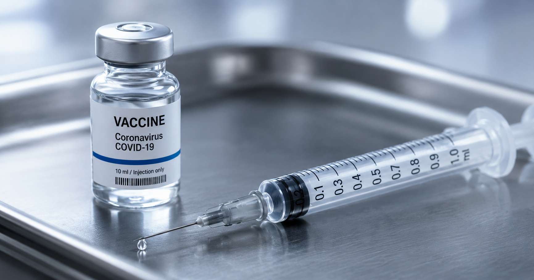 Close-up of a vaccine vial and syringe with visible dose markings on a clinical tray, illustrating the calculated exposure at the center of deciding when to let a manager's mistake play out.