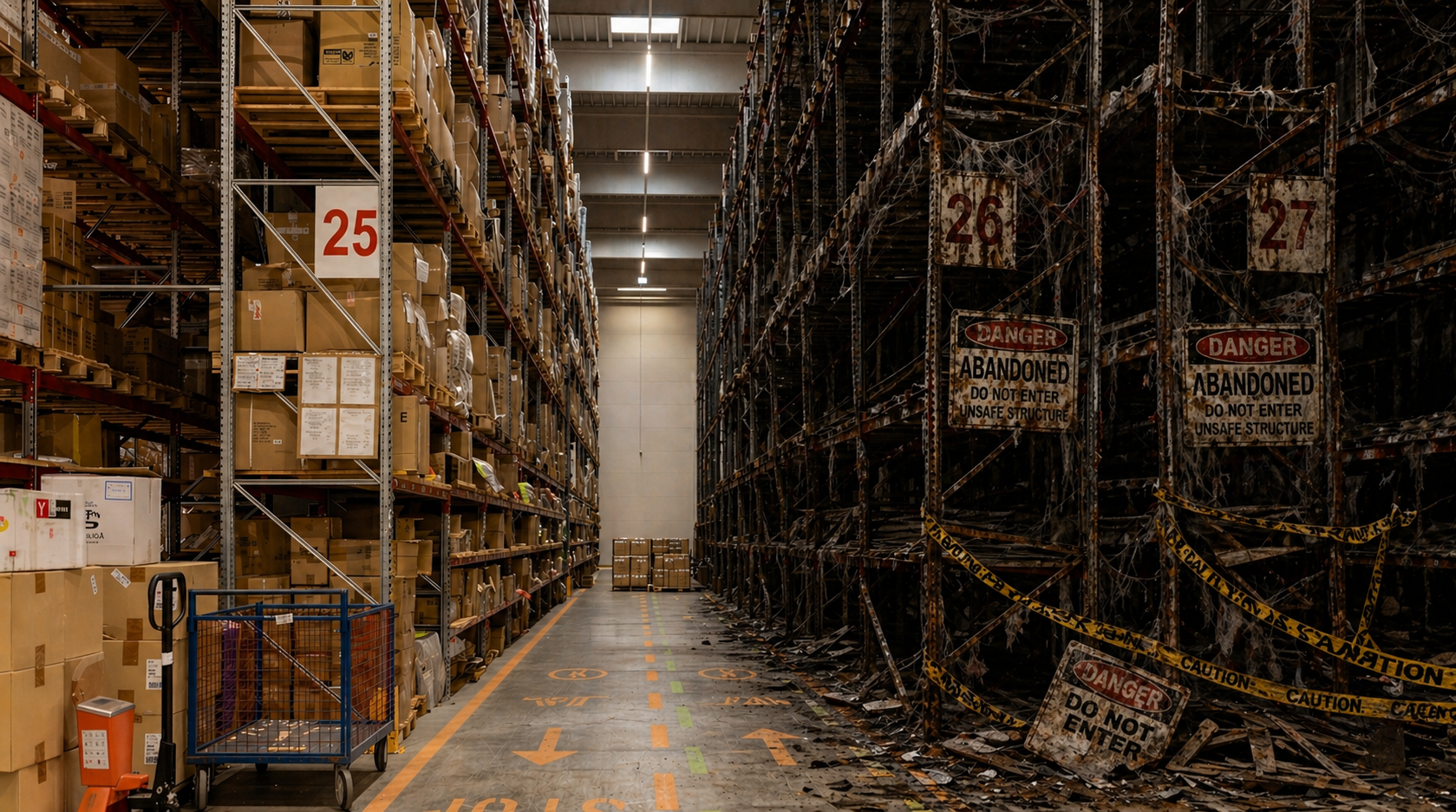 A warehouse aisle split in two: one side clean and organized, the other dark, rusted, and clearly abandoned. The contrast highlights how poor decisions lead to visible neglect and failure.