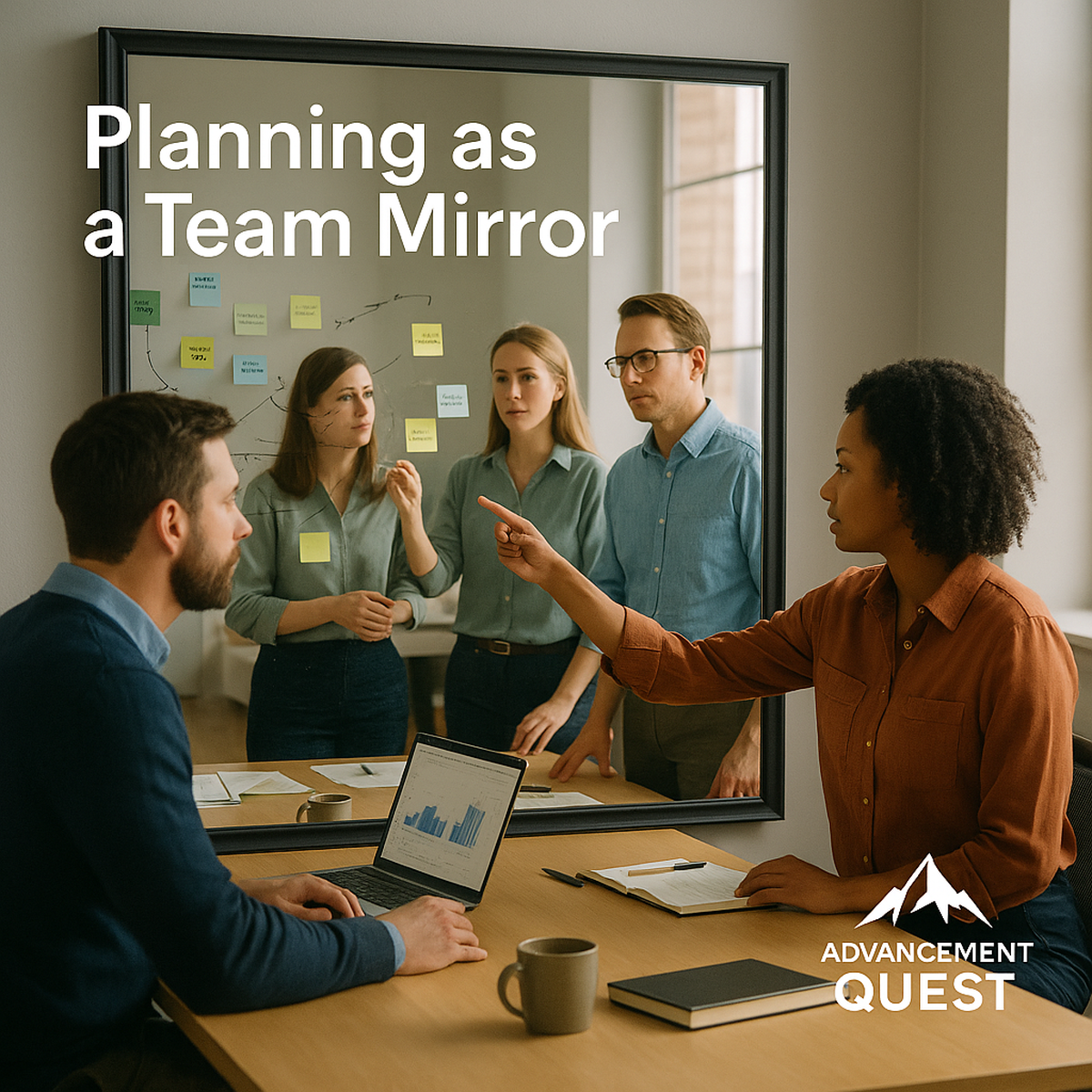 A small team around a table sharing notes and perspectives, with a compass on the desk symbolising direction. Represents team-based planning and early course correction.