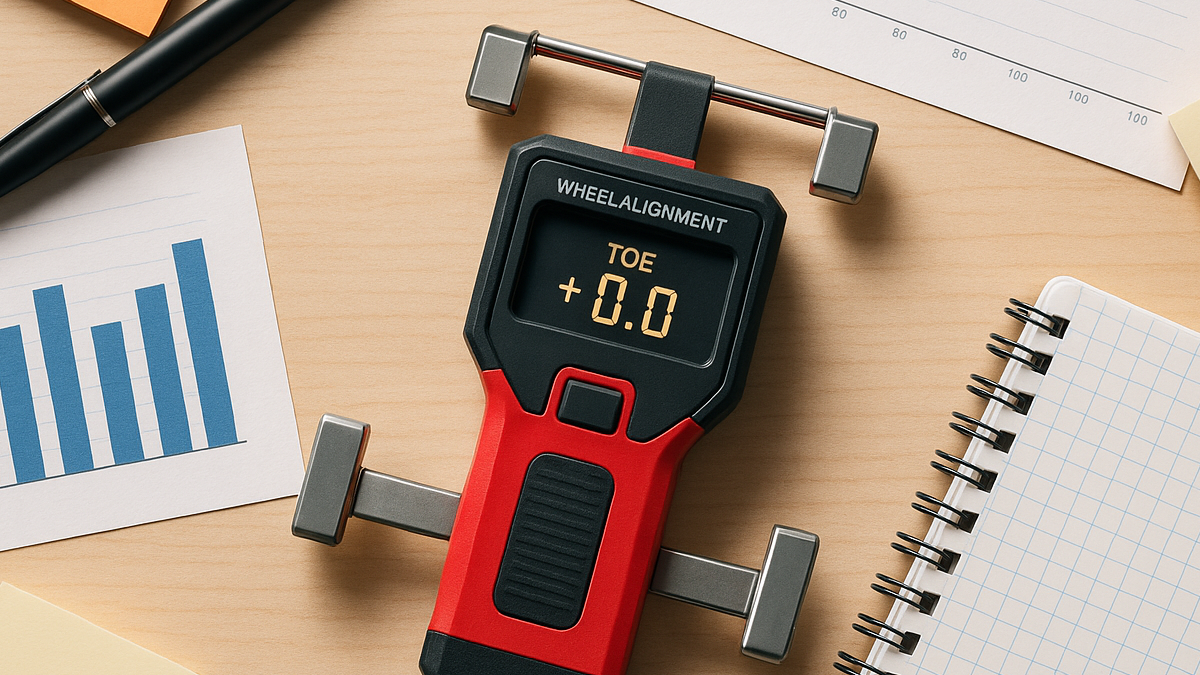 A top-down desk setup with financial papers and a clearly visible wheel-alignment tool in the centre, symbolising a steerable budget and early adjustments.